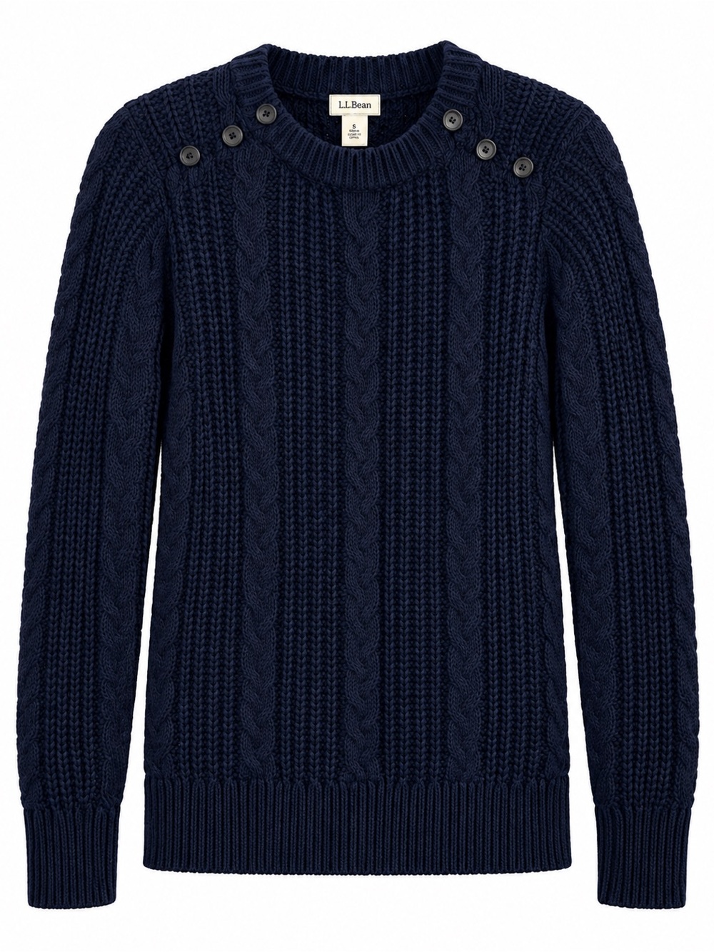 L.L.Bean Rope Stitch Cotton Crewneck Sweater Navy Blue Size Small Button Knit